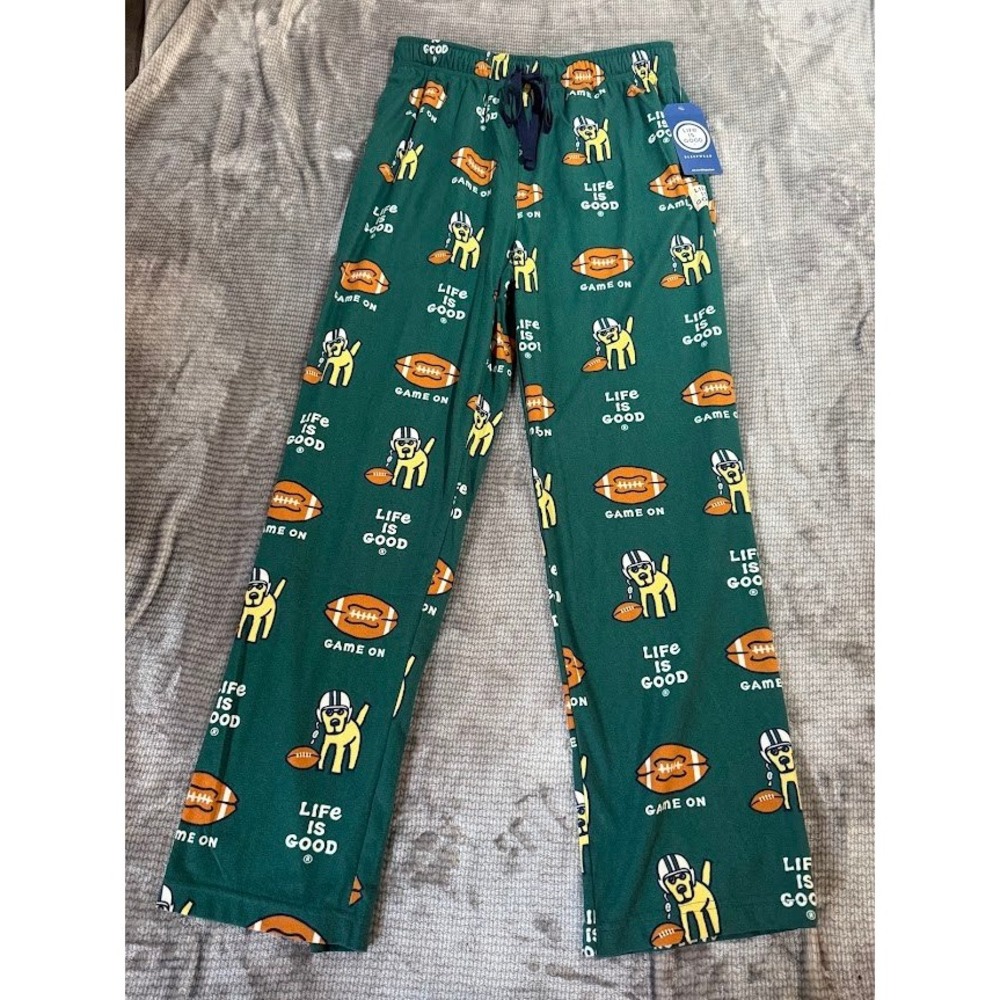 Life is Good Mens Green Football Dog Game On Pajama Pants Lounge NWT Small 30x30